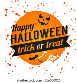 Happy Halloween Poster on bright watercolor background with stains and drops. Vector Illustration of Happy Halloween banner with halloween elements. Bats, spiderweb, pumpkin with Face.