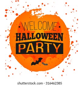 Happy Halloween Poster on bright watercolor background with stains and drops. Vector Illustration of Happy Halloween banner with halloween elements. Bats, pumpkin with Face.