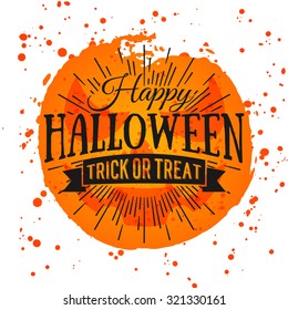 Happy Halloween Poster on bright watercolor background with stains and drops. Vector Illustration of Happy Halloween banner with halloween elements. Bats, spiderweb.
