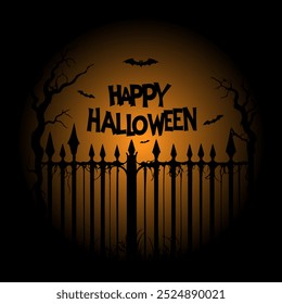 Cartaz feliz de Halloween no fundo de gradiente laranja, com cemitério com uma velha cerca assustadora e silhueta de morcegos.