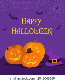 Happy Halloween poster on a terrible night with pumpkin and witch hat