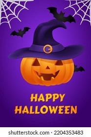 Happy Halloween poster for party. Banner or invitation, orange pumpkin jack o lantern with carved smiling face in witch hat. Spiderweb, gossamer and bats flying on purple background. Autumn vector.