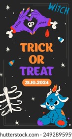 Happy Halloween poster or party flyer. Cute vector flat cartoon cards with voodoo doll, zombie hand, bones, lamb. Vector illustration for social media and party invitation