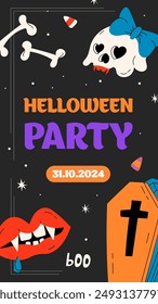 Happy Halloween poster or party flyer. Cute flat cards with coffin, skull, fangs, vampire, bones and Halloween wishes. Trendy design for ads, greetings, banner, poster, cover