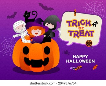 Happy Halloween poster or party invitation with flat icons set. Trick or Treat Concept. Vector Illustration with purple background.