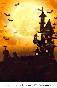 Happy Halloween poster or party invitation background grave and castle in flat style. Vector illustration halloween scene poster of castle on halloween night Bat flying with full moon.