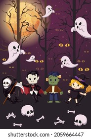 Happy Halloween poster or party invitation background undead and ghost in flat style. Illustration halloween night scene poster of halloween night deathly, dracula, witch and undead with full moon.