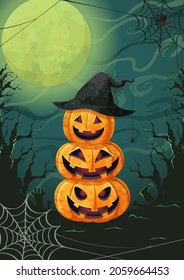 Happy Halloween poster or party invitation background pumpkin and spider in flat style. Vector illustration halloween scene poster of halloween night jack-o-lantern with full moon.