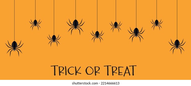 Happy Halloween poster or party invitation background with spider and webs. Orange background in paper cut style. Vector illustration. Place for text. Hanging spiders. Trick or treat