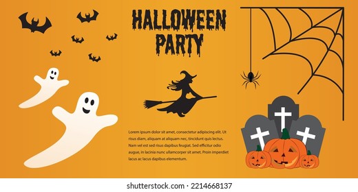 Happy Halloween poster or party invitation background with ghosts, bats and pumpkins in paper cut style. Vector illustration. Witch flying with her stick in the sky, spider web. place for text
