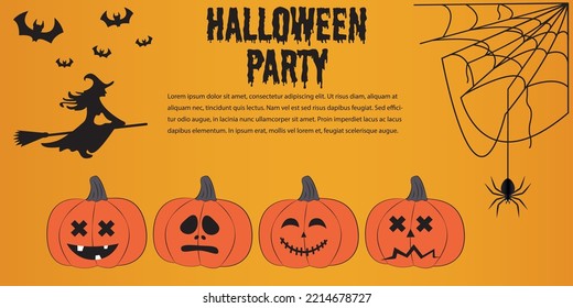 Happy Halloween poster or party invitation background with clouds, bats and pumpkins in paper cut style. Vector illustration. Witch flying with her broom in the sky, spider web. place for text