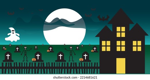 Happy Halloween poster or party invitation background with ghosts, bats and pumpkins in paper cut style. Vector illustration. Ghosts flying on grave, cemetery. Place for text. Moon green clouds sky