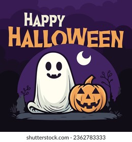 Happy Halloween poster party invitation background with ghost and pumpkins in vector illustration. flat design style, orange and violet color.