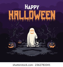 Happy Halloween poster party invitation background with ghost and pumpkins in vector illustration. flat design style, orange and violet color.