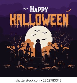 Happy Halloween poster party invitation background with ghost standing in cemetery against full moon vector illustration. flat design style, orange and violet color.
