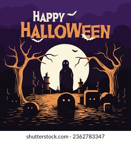 Happy Halloween poster party invitation background with ghost standing in cemetery against full moon vector illustration. flat design style, orange and violet color.