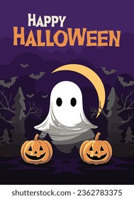 Happy Halloween poster party invitation background with ghost and pumpkins in vector illustration. flat design style, orange and violet color.