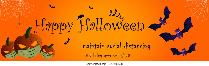 Happy Halloween poster for party invitations & banners. The illustrations shows pumpkin laterns and bats wearing mask to depict the importance of health safety during this crucial period of pandemic.
