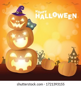 Happy Halloween Poster Party  pumpkin patch in the moonlight bokeh. Jack O Lantern party. trick or Treating background, Template for advertising brochure Vector Illustration.