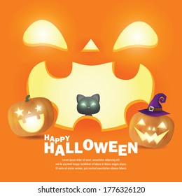 Happy Halloween Poster Party  pumpkin patch and black cat in the moonlight, Jack O Lantern party. trick or Treating background, Template for advertising brochure Vector Illustration
