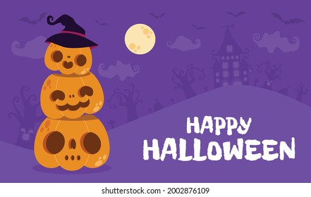 Happy Halloween Poster Party, pumpkin patch in the night, Jack O Lantern party. trick or Treating background, Template for advertising brochure flat style isolated Vector Illustration.