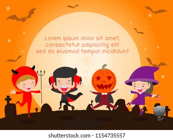 Happy Halloween Poster Party and theme design background, Group of child in Halloween costume jumping, Happy Halloween,Template for advertising brochure,your text, Vector Illustration