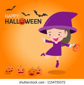 Happy Halloween Poster Party and theme design background, Group of child in Halloween costume jumping, Happy Halloween,Template for advertising brochure,your text, Vector Illustration