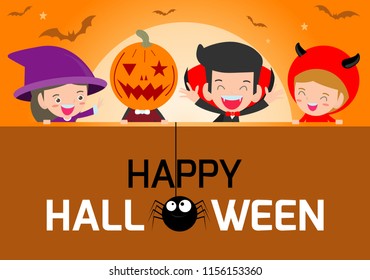 Happy Halloween Poster Party and theme design background. Group of child in Halloween costume. vector 