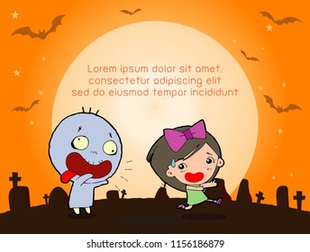 Happy Halloween Poster Party and theme design background, Kids running away from ghost, Happy Halloween,Template for advertising brochure,your text, Vector Illustration