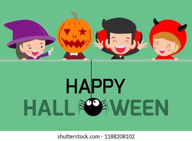 Happy Halloween Poster Party and theme design background, Group of child in Halloween costume jumping, Happy Halloween,Template for advertising brochure,your text, Vector Illustration