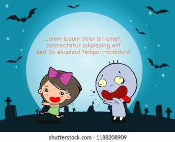 Happy Halloween Poster Party and theme design background, Kids running away from ghost, Happy Halloween,Template for advertising brochure,your text, Vector Illustration