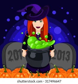 Happy Halloween. Poster, postcard for Halloween. Beautiful witch, witches cauldron, witch hat, potion, pumpkin. Vector illustration for celebration. Banner or background for Halloween Party Night.