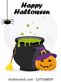 Happy halloween poster. potion, pumpkin and witch's broom