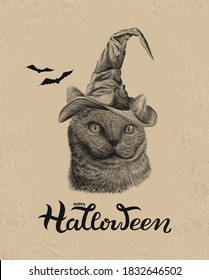 Happy Halloween Poster Print With British Cat In Witch Hat, Bat, On Antique Book Page Background, Halloween Decor, Party Sign, Hand Drawn Sketch Art. Happe Halloween Hand Draen Lettering Text