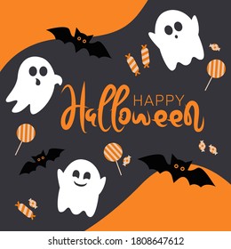 Happy Halloween poster of pumpkin, ghosts, full moon dark night and black bat. Halloween candy.