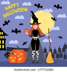 Happy Halloween poster of pumpkin on graveyard and witch, full moon dark night and tombstone, and black bat. Halloween holiday greeting card. Flat vector illustration.