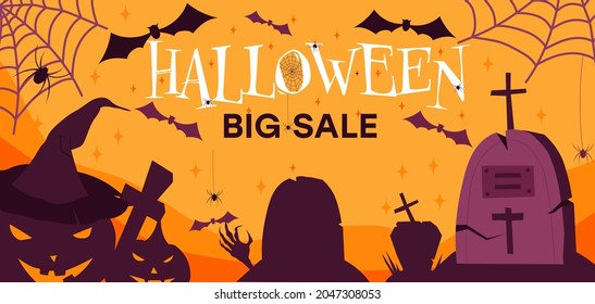 Happy Halloween poster of pumpkin on graveyard, full moon dark night and tombstone and black bat. Vector orange Halloween 2