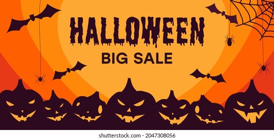 Happy Halloween poster of pumpkin on graveyard, full moon dark night and tombstone and black bat. Vector orange Halloween 