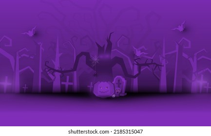 Happy Halloween poster of pumpkin on graveyard, Tree dark purple night and tombstone skeleton skull Halloween holiday greeting card vector design