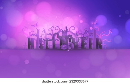 Happy Halloween poster of pumpkin on graveyard, Tree dark purple night and tombstone skeleton skull Halloween holiday greeting bokeh card vector design