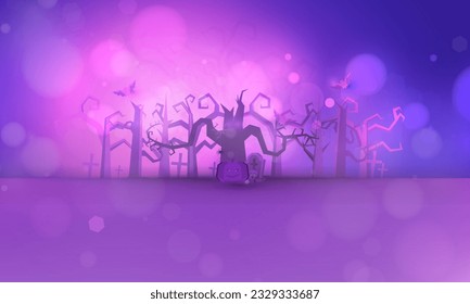 Happy Halloween poster of pumpkin on graveyard, Tree dark purple night and tombstone skeleton skull Halloween holiday greeting bokeh card vector design