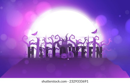 Happy Halloween poster of pumpkin on graveyard, Tree dark purple night and tombstone skeleton skull Halloween holiday greeting bokeh card vector design