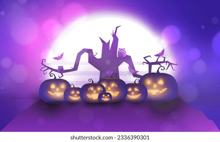 Happy Halloween poster of pumpkin on graveyard, Tree dark purple night and tombstone skeleton skull Halloween holiday greeting bokeh card vector design
