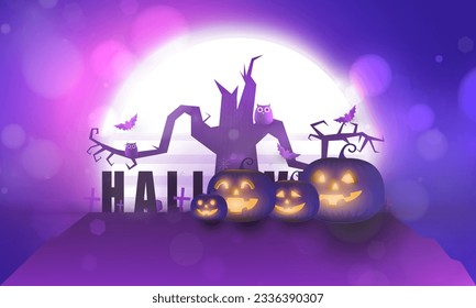 Happy Halloween poster of pumpkin on graveyard, Tree dark purple night and tombstone skeleton skull Halloween holiday greeting bokeh card vector design