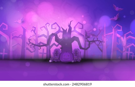 Happy Halloween poster of pumpkin on graveyard, Tree dark purple night and tombstone skeleton skull Halloween holiday greeting bokeh card vector design