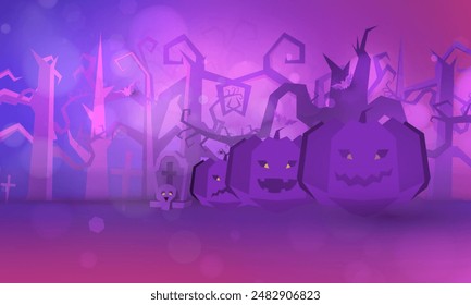 Happy Halloween poster of pumpkin on graveyard, Tree dark purple night and tombstone skeleton skull Halloween holiday greeting bokeh card vector design