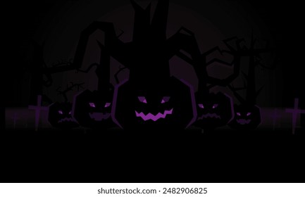 Happy Halloween poster of pumpkin on graveyard, Tree dark purple night and tombstone skeleton skull Halloween holiday greeting bokeh card vector design