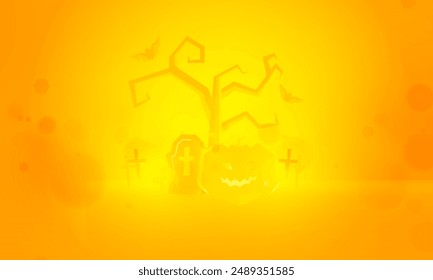 Happy Halloween poster of pumpkin on graveyard, The moon on Tree tombstone skeleton skull Halloween holiday greeting bokeh card vector design