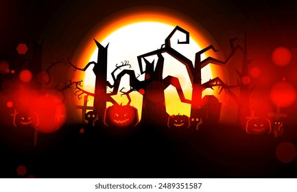 Happy Halloween poster of pumpkin on graveyard, The moon on Tree dark purple night and tombstone skeleton skull Halloween holiday greeting bokeh card vector design