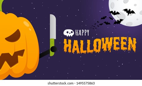 Happy halloween poster with pumpkin scary face expression grimace and knife in the hands standing up flat style design vector illustration isolated on dark background. Text happy halloween with skull.